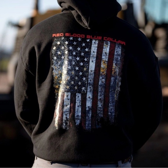 Grunt Style Black Hoodie with Distressed American Flag - Picture 4 of 5